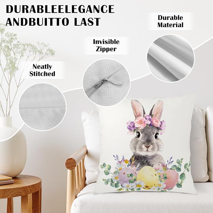 Spring Easter Pillow Covers Lovely Bunny Throw Pillow Covers Floral Watercolor Rabbit Farmhouse Cushion Cases 16x16 Set of 2 Colorful Easter Eggs Pillow Cases for Home Porch Patio