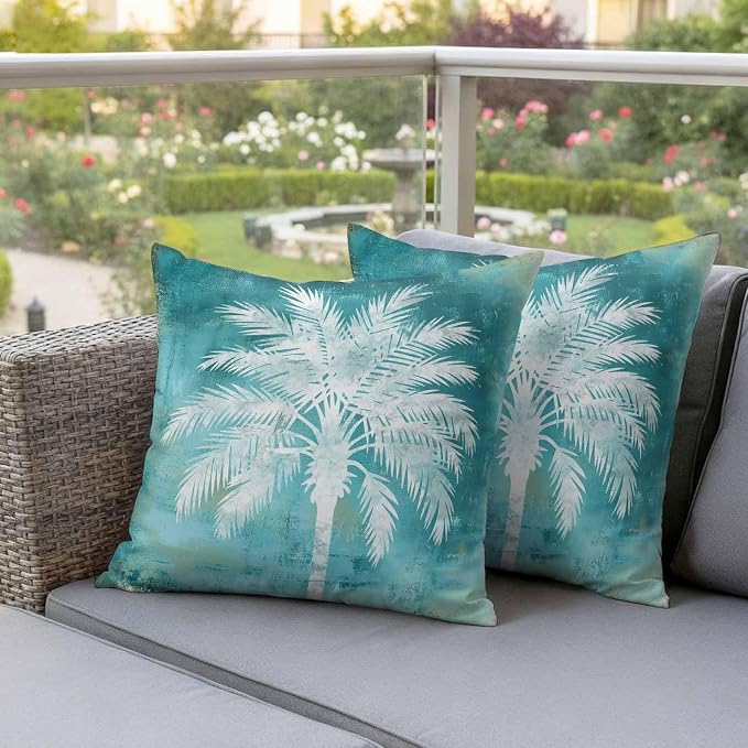 Teal Summer Palm Tree Outdoor Waterproof Pillow Covers, Coastal Beach Tropical Botanical Decorative Square Throw Pillowcase, Vintage Sofa Cushion Sham for Patio/Couch/Chair, 24"x24" 2 Pack