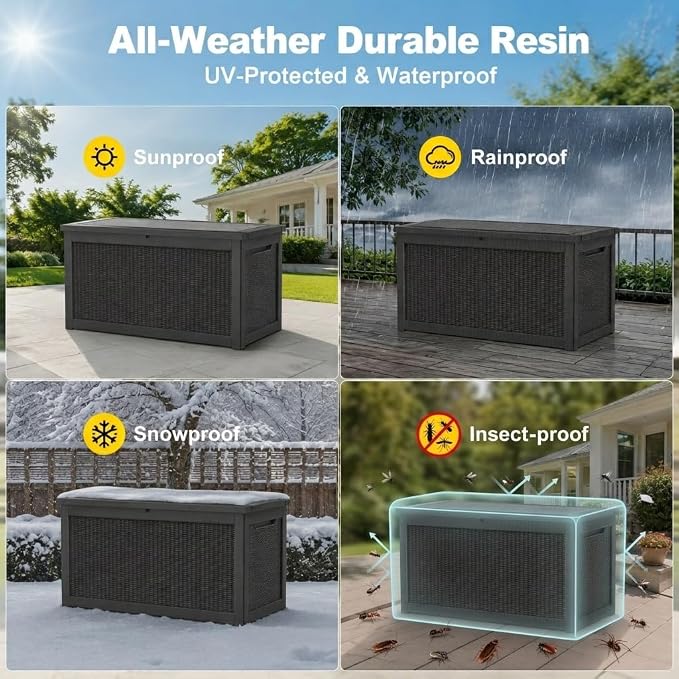 320 Gallon Outdoor Storage Box Resin Deck Box All Weather Waterproof Large Lockable Storage Container Deck Box for Patio Furniture, Garden Tools, Lockable, Black