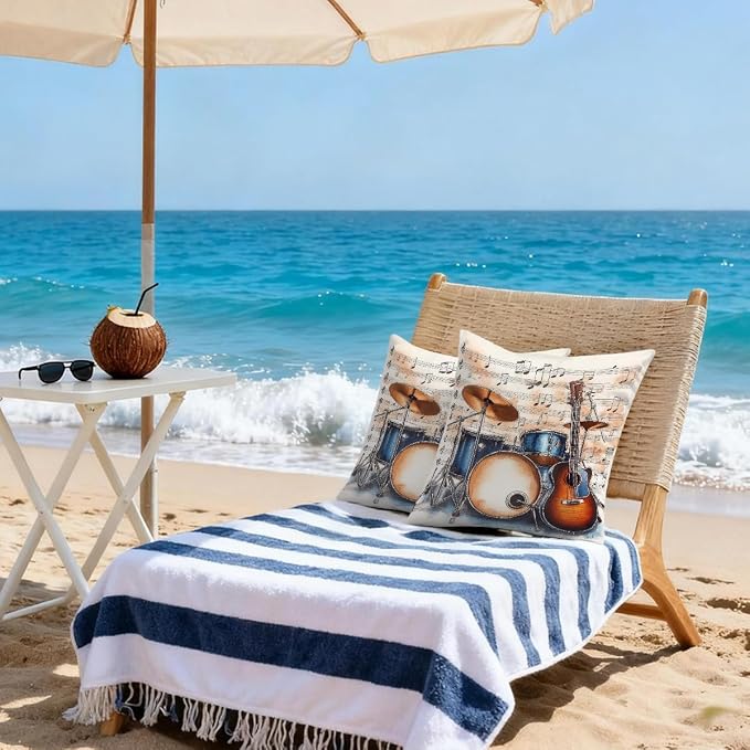 22x22 Inch Outdoor Pillow Covers Set of 2 Waterproof Throw Pillow Covers Decorative Couch Cushion Covers Music Guitar Drum Stand Square Pillowcases Protectors for Patio Garden Sofa