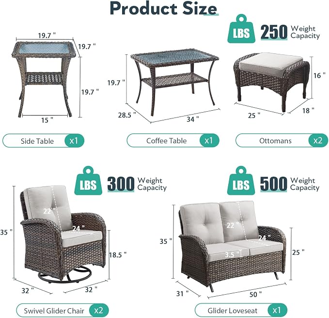 7 Piece Patio Furniture Set - Wicker Patio Conversation Set with Swivel Glider, Glider Loveseat, Tempered Glass Side Table and 2 Ottomans for Deck Backyard - Brown Wicker Beige Cushion