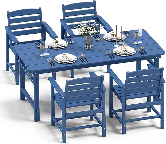 FOOWIN 5-Piece Patio Dining Sets Outdoor Table and Chairs HDPE Outdoor Dining Set with Umbrella Hole,Outdoor Furniture Dining Set for 4 Blue