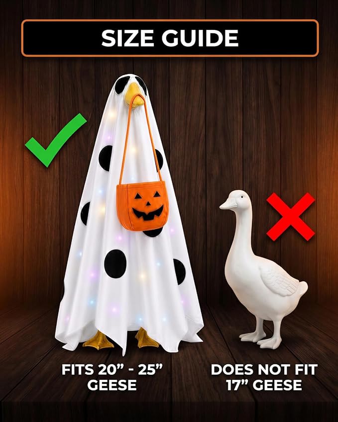 Halloween Porch Goose Outfits, 23 Inch Light Up Ghost Costume & Flag | Ghost porch goose halloween outfit for cement goose. LED ghost clothes with pumpkin bag & flag, gift for mom, grandma.