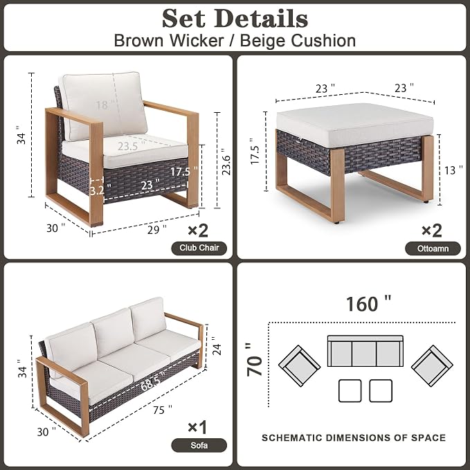 Belord 5 Piece Outdoor Wicker Patio Conversation Furniture Set Deep Seating, Metal Wide Armrests Patio Sofa Set with Rattan Chairs Ottomans for Porch Deck Sunroom Backyard