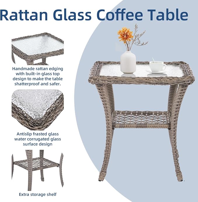 3-Piece Patio Wicker Conversation Bistro Set, All-Weather Gliding Rocking Chairs with Thickened Cushions and Glass Top Table, Outdoor Rattan Furniture Sets for Porch Garden, Gray
