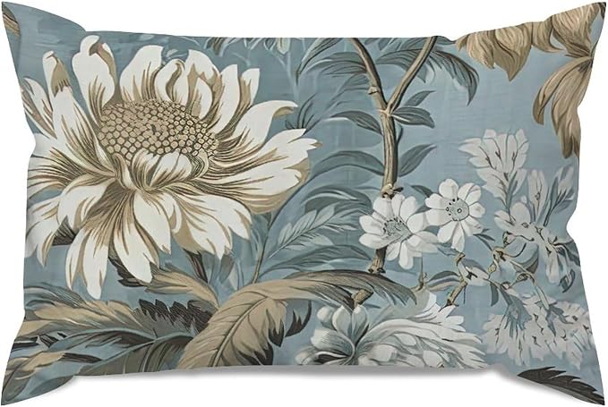 Spa On Flax Blue Chinoiserie Rectangular Cushion Cover Grey Peony Asian Pillowcase 12x18in Abstract Accent Farmhouse Decor Pillow for for Living Room Bed Farmhouse Patio