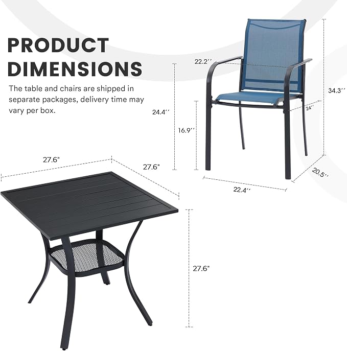 3 Pieces Patio Dining Set, 28" Square Dining Table with Storage Shelf, 2 Stackable Textilene Fabric Chairs, Metal Structure for Patio, Porch, Garden(Black Table, Blue Chair)