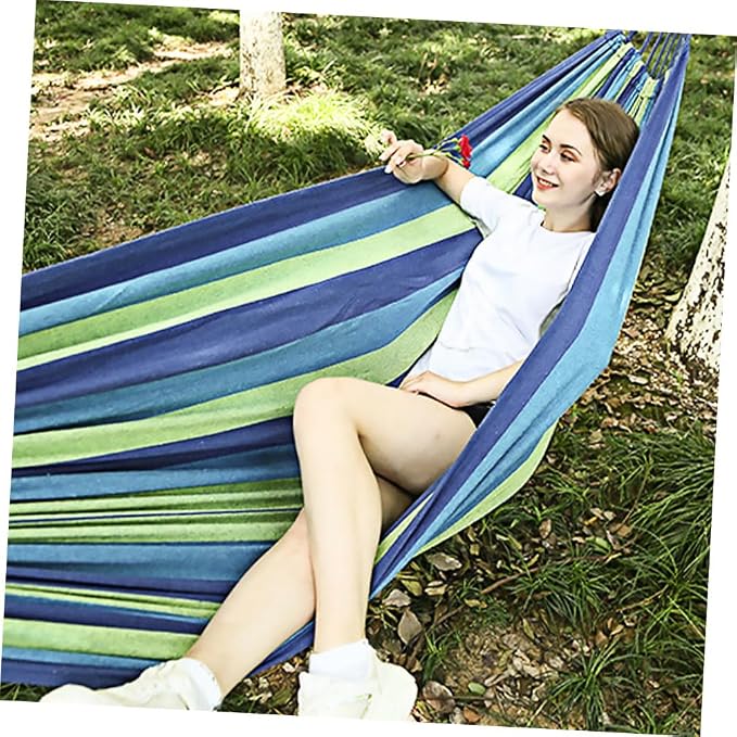 GANAZONO Double Camping Hammock Canvas Swing for Two, Portable Outdoor Garden Travel Hammock with Widened Thickened Blue Canvas, Suitable for Adults