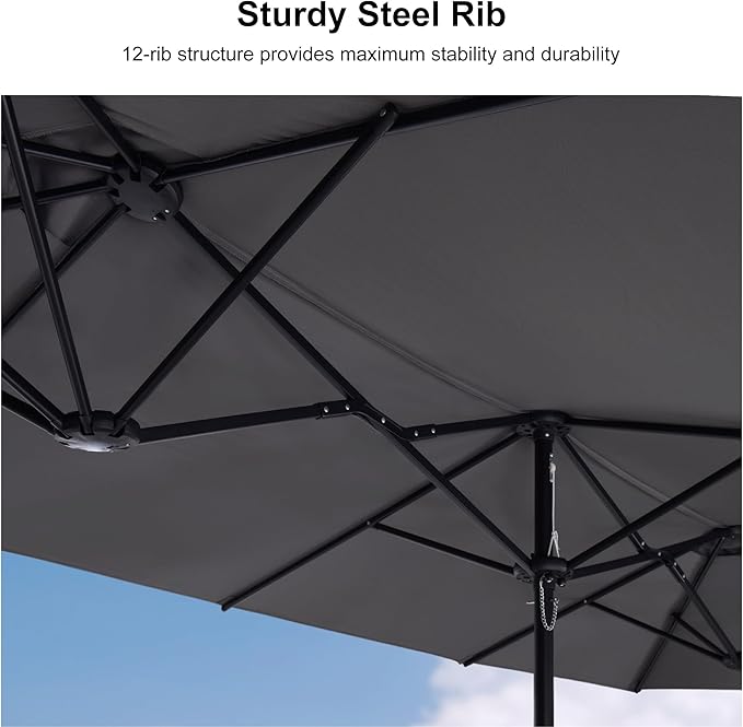 PURPLE LEAF 15ft Patio Market Umbrella with Base Double-Sided Rectangle Outdoor Table Sun Umbrellas with Crank 12 Heavy Duty Sturdy Ribs for Pool Beach Deck Backyard Light Gray
