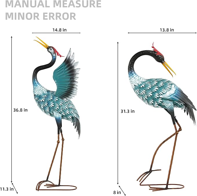 36.8" Metal Crane Statue, Blue Heron Decor Handcrafted | Garden Bird Animal Yard Art with Stable U-Ground Stakes, Lawn Ornament Decor