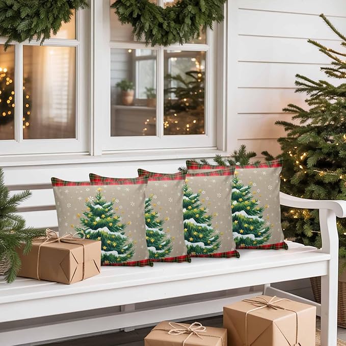 Outdoor Waterproof Throw Pillow Covers, Christmas Trees Winter Snowflake Green Red Tartan Plaid Vintage Burlap Pattern Pillowcases Cushion Covers Cases for Patio Couch Bench, Pack of 2, 20X12 Inch