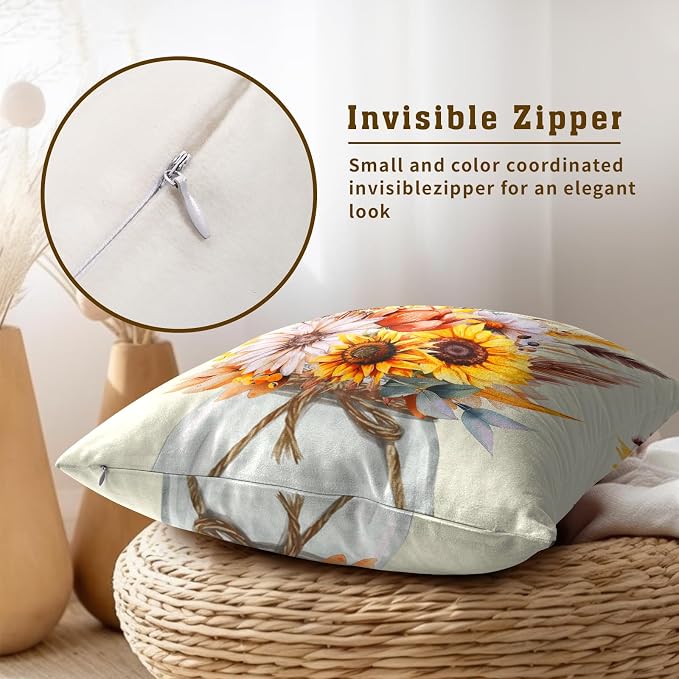 Fall Throw Pillow Covers 22x22 Inch Set of 2, Rustic Yellow Sunflower Autumn Harvest Farmhouse Pillowcase Cotton Linen Cushion Cover Decor for Sofa Couch Living Room Outdoor