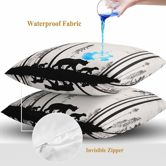Abstract Outdoor Waterproof Throw Pillow Covers Set of 2, 20"x20", Animal Bear Family Forest Trees Silhouette Decorative Pillow Covers Outside Cushion Case for Patio Porch Garden