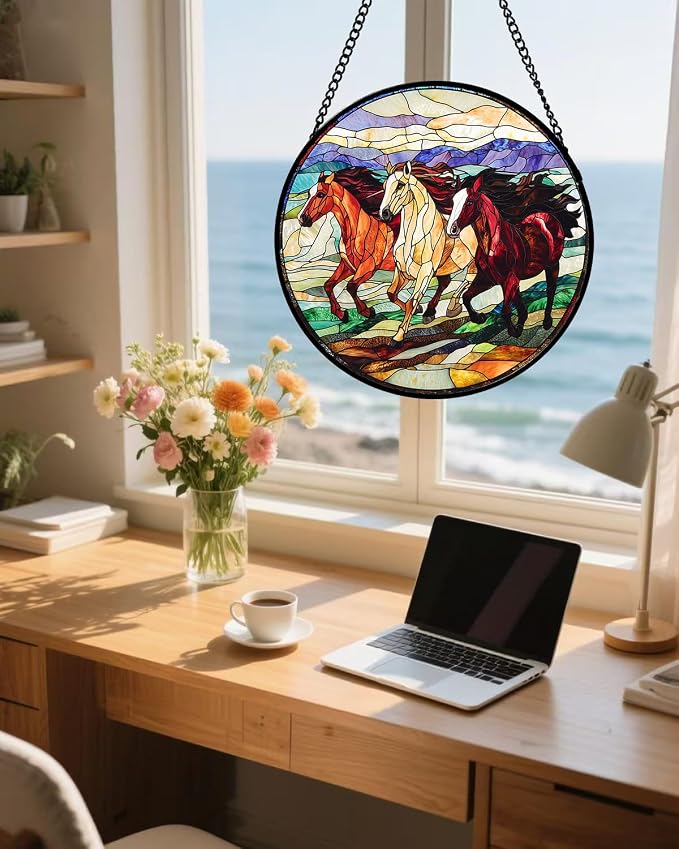 Stained Glass Window Hanging, Galloping Horses Sun Catcher for Door Home Decor Colorful Suncatcher Christmas Mother's Day Birthday Gifts for Women Men Mom and Nana 11.8 in