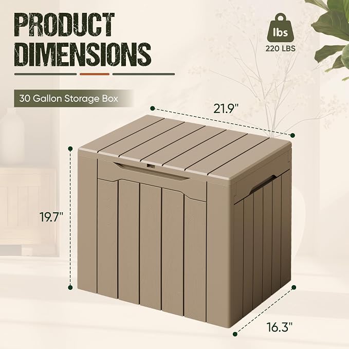 Flamaker Deck Box 30 Gallon, Waterproof Resin Small Storage Box with Lid, Outdoor Patio Furniture Cushion Garden Tool Organizer, Lockable Package Delivery Box for Porch Balcony (Brown)