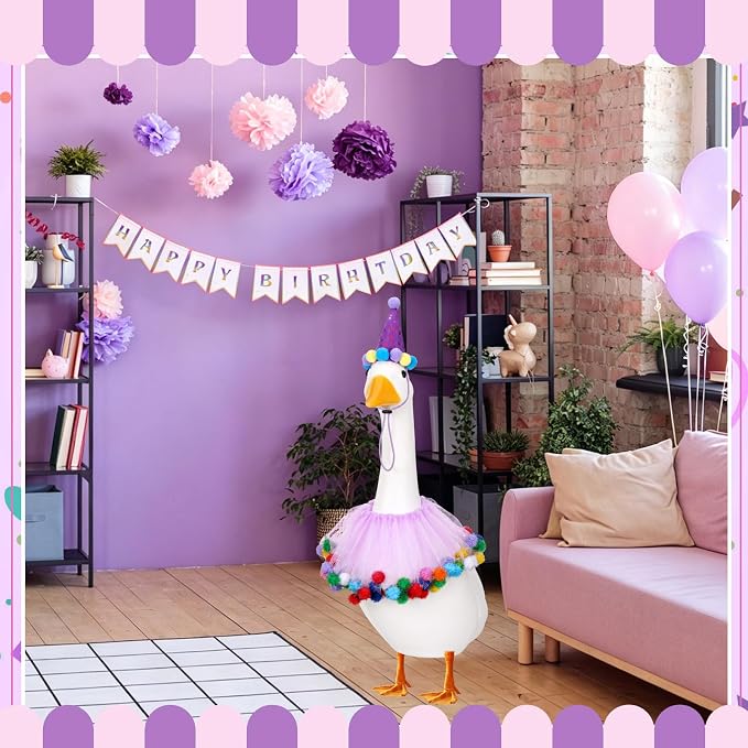 Birthday Porch Goose Outfit Lawn Clothes Hat and Tutu Collar Plastic Outfits for 23" 17" Cement Goose Outdoor Garden Lawn Art Decor (Purple,Tutu Skirt)