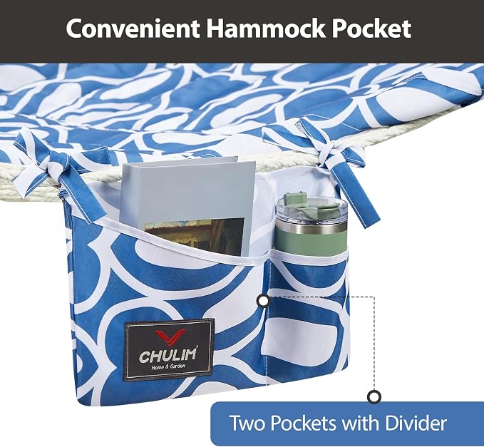 CHULIM Outdoor Double Hammock with Hardwood Spreader Bars, Large Rope Hammock with Polyester Pad and Pillow, 475 LBS Capacity for 2 Person Patio Backyard Poolside - Blue Printing