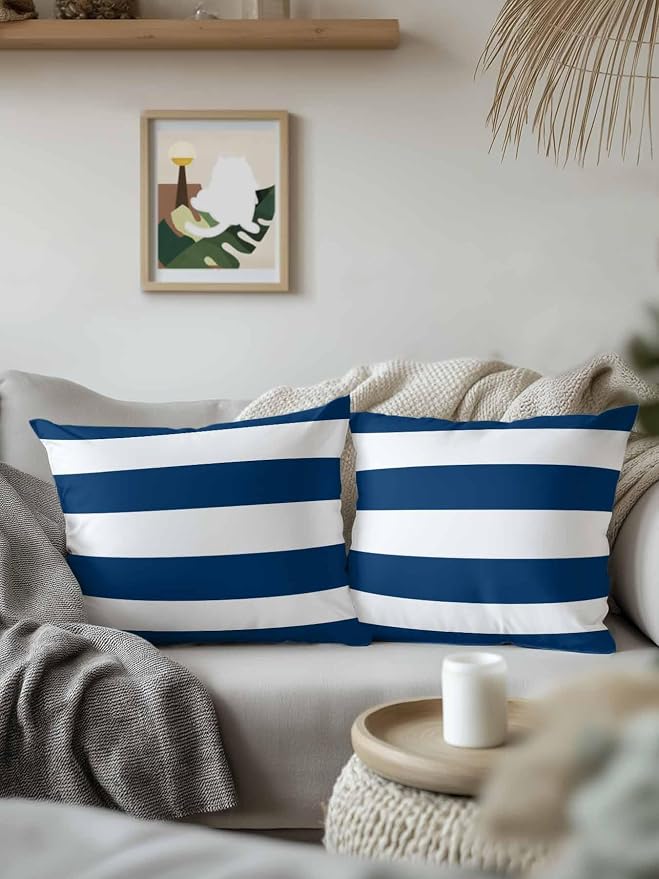 Waterproof Outdoor Pillow Set of 2 Navy Blue White Stripe Decorative Throw Pillows Cover & Insert 18x18 Inch Pillowcase Simple Style Striped Pillows for Couch Sofa Bed Patio Furniture Indoor Outdoor