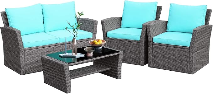 RELAX4LIFE 4 PCS Wicker Patio Furniture Set with Soft Cushions & Tempered Glass Table Outdoor Rattan Sofa Set for Backyard Garden Balcony Poolside Sectional Conversation Couch Set (Turquoise)