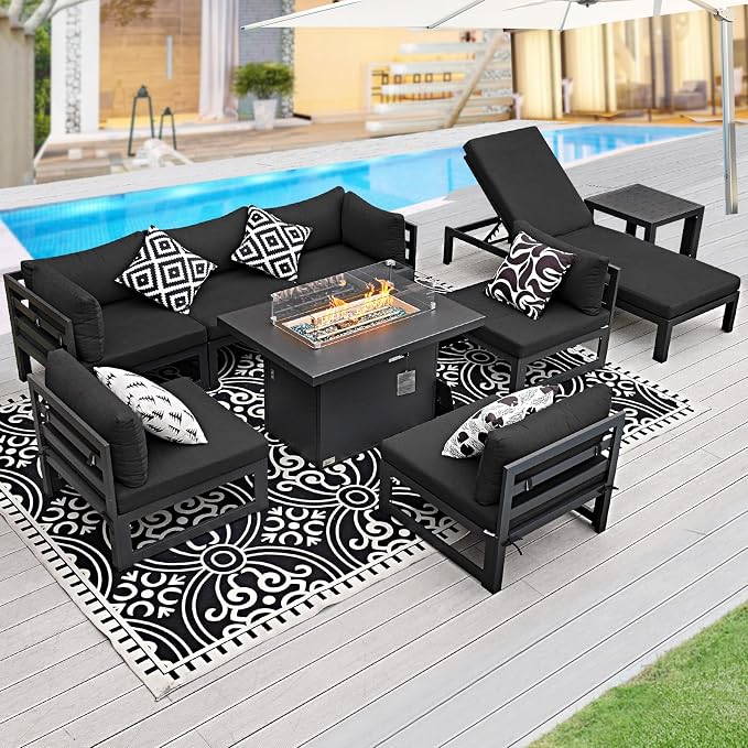 BULEXYARD 7 Seat Large Aluminum Patio Conversation Set with Lounge & Fire Pit Table, 29" Deep Wide Seat, High End Modular Sectional Seating, 500 lbs Heavy Duty Anti-Rust Outdoor Sofa for Pool, Black