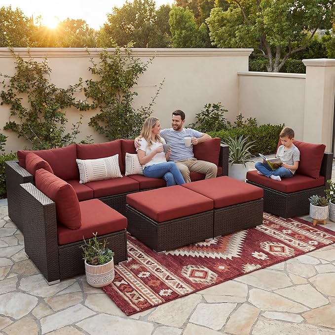NICESOUL 29.3'' High Back Wicker Patio Furniture Set for 8 Person, Extra Big Outdoor Modular Sectional with Ottoman, Deep Seated Relax Conversation Sets for Backyard Deck, Brown and Red