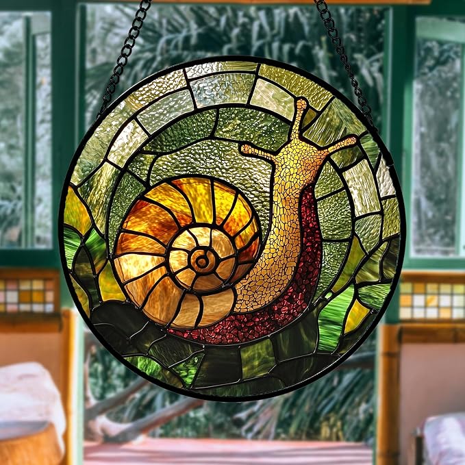 Stained Glass Window Hanging, Green Orange Snail Sun Catcher for Door Home Decor Suncatcher Christmas Mother's Day Birthday Gifts for Women Men Mom and Nana 15 in
