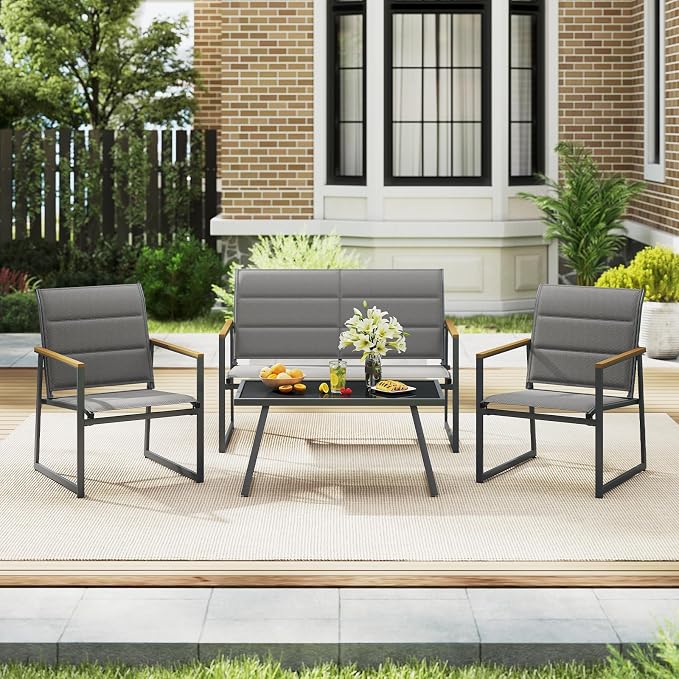 HAPPYGRILL 4-Piece Patio Furniture Set, Modern Sectional Sofa Set w/Fabric Seats, Wood-Plastic Armrests, Tempered Glass Coffee Table, Outdoor Conversation Set for Backyard Balcony Garden Porch (1)