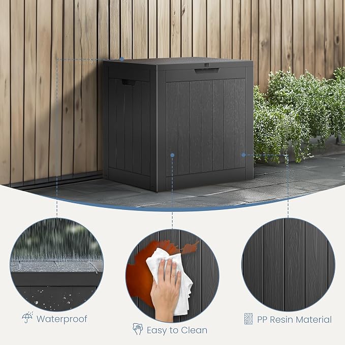 DUMOS 31 Gallon Deck Box, Lockable Outside Storage Box for Outdoor Use, Outside Waterproof Resin Package Delivery Box for Backyard Patio Garden, Striped Black