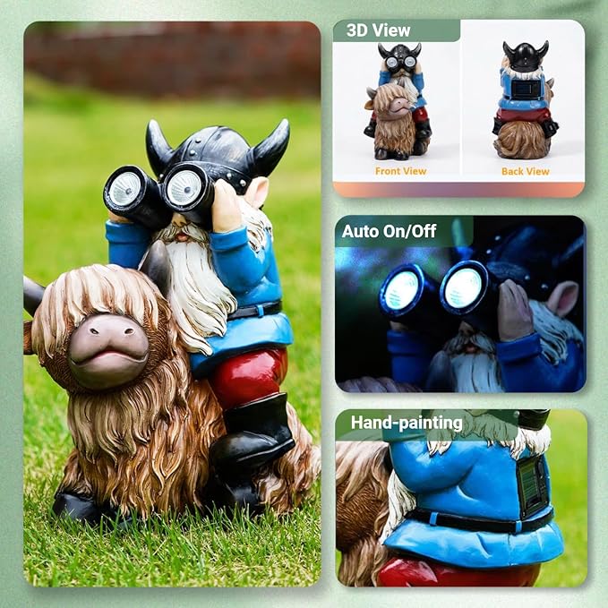 Joint Honglin Solar Garden Statues Resin Gnome Sitting on Highland Cow Outdoor Telescope Gnome Decorations Yard Ornament for Patio Lawn Balcony, Unique Housewarming Birthday Gifts for Mom Dad