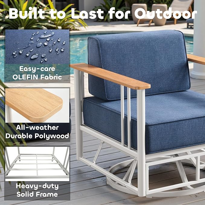 Luxury Outdoor Furniture Set with Swivel Chairs, 10 PCS Patio Furniture Set with 6" Extra Thick Cushions, Suitable for Porch, Balcony, Deck, Patio, Yard, Poolside, White/Blue