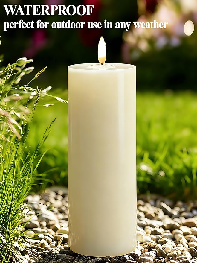 Gmnee 4"x8" Outdoor Waterproof Flameless Candles with Remote and Timers, LED Candles, Battery Operated Candles, Electric Fake Pillar Candles for Patio Porch, and Lanterns Decor (Ivory, Plastic)