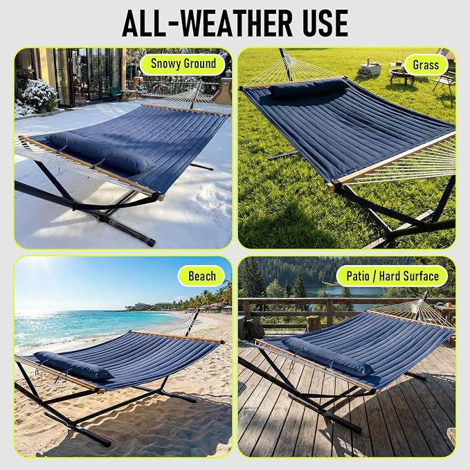 FULIYE Double Hammock with Stand for Outdoor，2 Person Heavy Duty Portable Hammock with Adjustable Steel Stand and Balance Ropes Included – for Patio, Backyard, Garden, Beach (Purplish Blue)