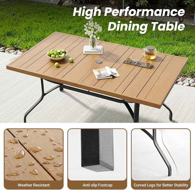 Soohow Outdoor Dining Set for 6, 7-Piece Patio Table and Chairs Set, 6 x Swivel Patio Dining Chairs and 60"x35" Wood-Like Outdoor Table with 1.57" Umbrella Hole for Backyard, Poolside