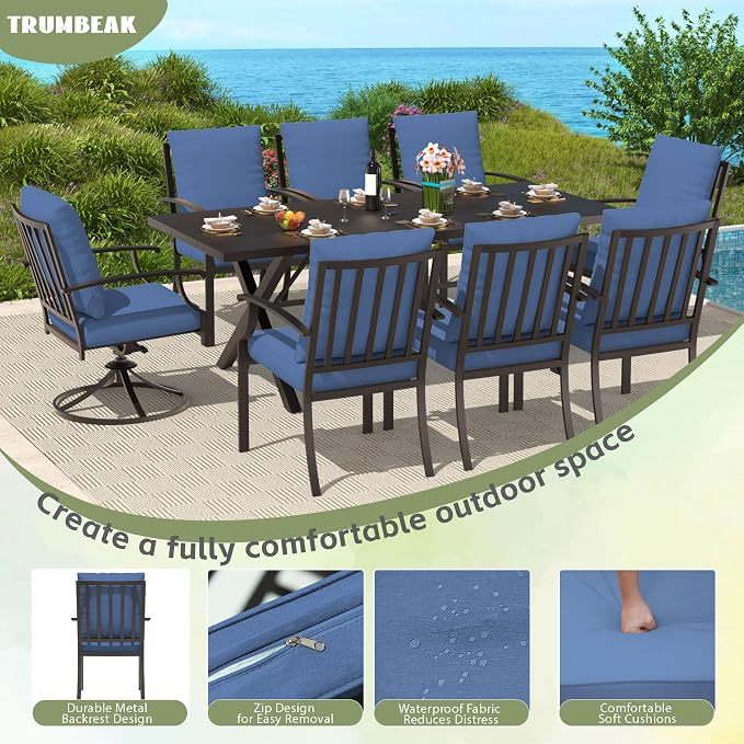 9-Piece Patio Dining Set Outdoor Conversation Set,Metal Outdoor Furniture Set with Umbrella Hole Cut-Out 78.7" x 35.4" Table and 8 Metal Chairs for Backyard,Garden,NavyBlue