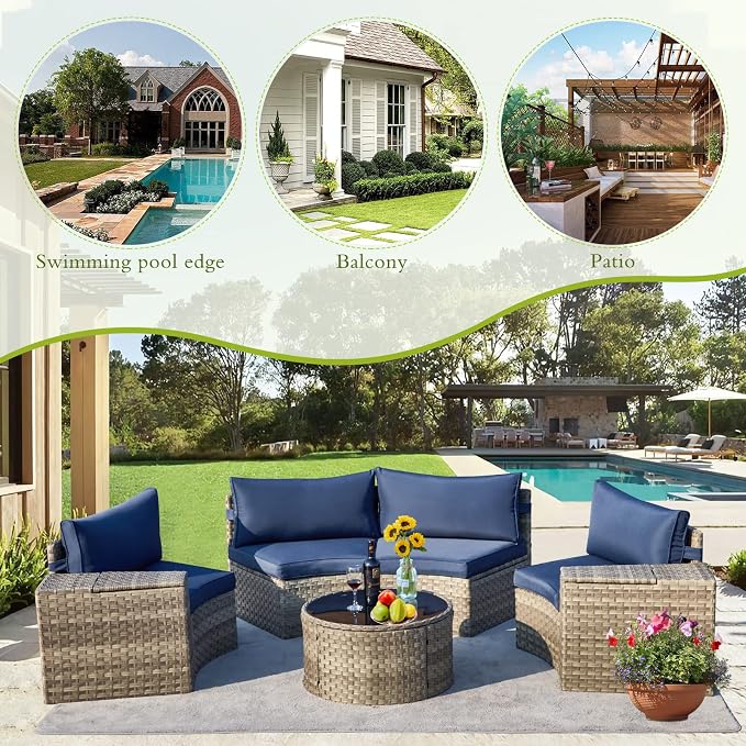 ECOTOUGE 7 Piece Outdoor Half Moon Furniture, Wicker Patio Sectional Conversation Set with 2 Storage Armrests and Circle Glass Table, Gray Rattan Curved Sofa for Garden, Balcony and Back Yard (Blue)