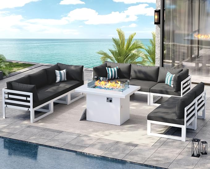 NICESOUL 8 Person Modern Aluminum Outdoor Patio Furniture Set with Fireplace, 29" Wide Deep Seating, Water Resistant L Shaped Sectional Couch, Large Conversation Set for Backyard Terrace, Dark Gray