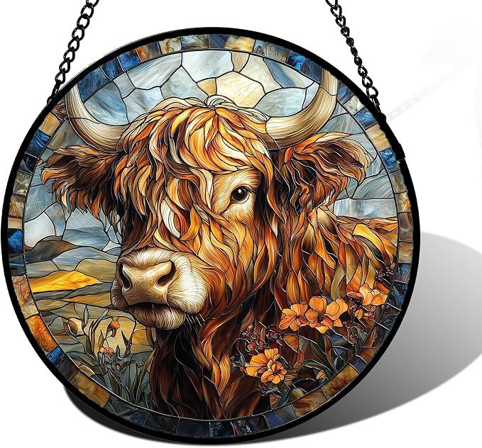 DASTOLL Stained Glass Window Hanging - Funny Cow Flower Suncatcher Ready to Hang Window Doors Home Decoration and Christmas, Mother's Day Birthday Gifts for Women, Men, and Mom 9.8x9.8 in