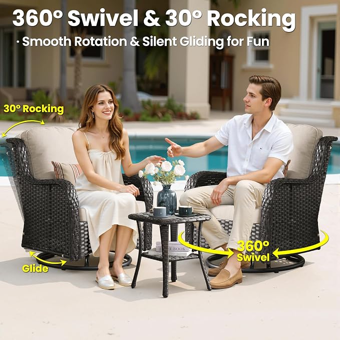 ovios 7-Piece Patio Furniture Set with Swivel Chairs Side Table, Outdoor Wicker Sofa with 54" Fire Pit Table, High Back Couch Modern Conversation Sets, Brown/Beige