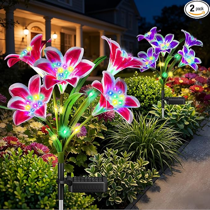WdtPro Solar Lights Outdoor Garden Decor, 2 Pack Solar Flowers with Colorful Lily Lights & Glowing Stems, Brighter Waterproof Decorative Led Garden Lights for Yard, Patio, Flower Bed, Unique Gifts