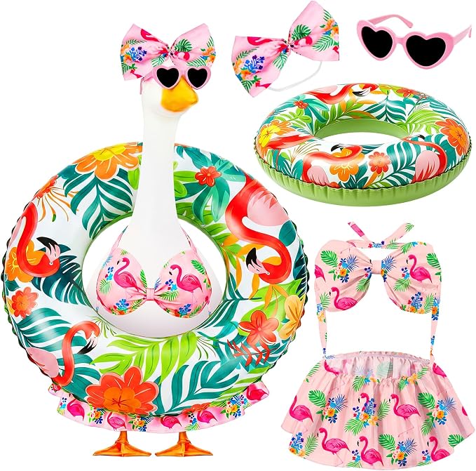 Porch Goose Summer Outfit, 23 Inch Hawaiian Bikini Costume, Accessories Include Bow, Sunglasses & Swim Ring, Fits Cement Goose Statue for Garden Patio Yard Outdoor Decor (Flamingo)