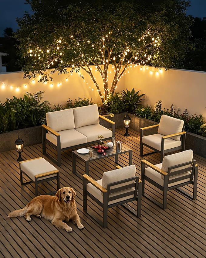 Aluminum Patio Ottoman Set of 2 - Outdoor Footstools with Cushions - Small Metal Garden Chairs - Ideal for Balcony, Deck, Backyard - Outdoor Furniture, Beige