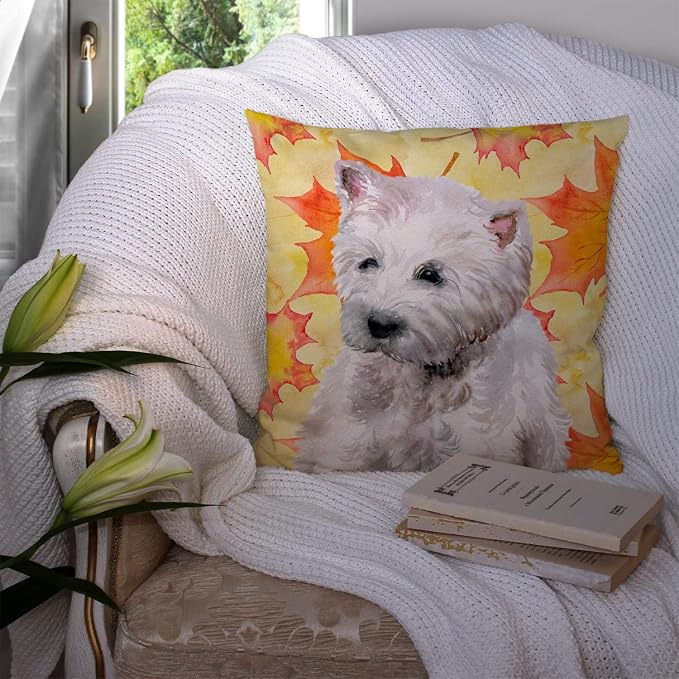Caroline's Treasures BB9962PW1414 Westie Fall Fabric Decorative Pillow, Yellow Machine Washable, Indoor Outdoor Decorative Pillow for Couch, Bed or Patio, 14Hx14W