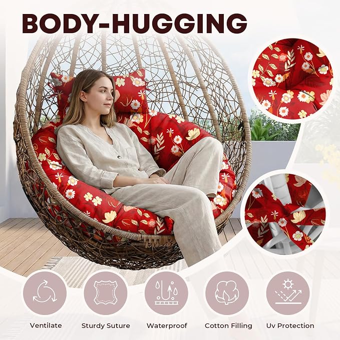 Outdoor 45" Round Egg Chair Cushion Replacement Waterproof Red Peony | Thicken Pad with Headrest Pillow, Hanging Swing Wicker Egg Chair Cushions, Suitable for Garden Office
