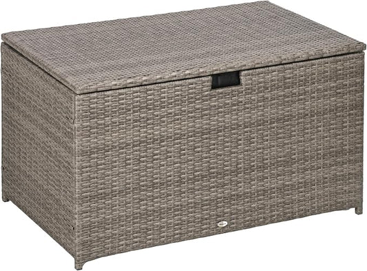 GOWE 113 Gallon Deck Box, Rattan Outdoor Storage Box, Waterproof Storage Container for Indoor, Patio Furniture Cushions, Pool Toys, Garden Tools, Gray