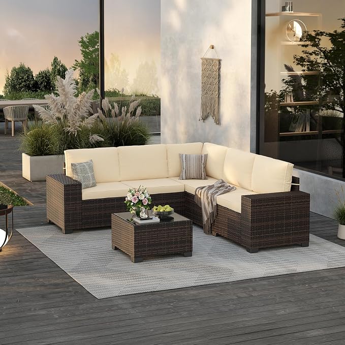 Soohow 6-Piece Patio Furniture Set All-Weather Outdoor Wicker Sectional Conversation Set with Cushion and Glass Table for Garden, Porch, Backyard, Beige Cushions