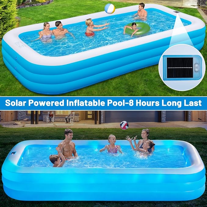 145"x74"x22", Large Solar Inflatable Pool with Lights, Oversized Thickened Blow Up Pool for Adults, 7 Color Changed Family Swimming Pool for Backyard, Outdoor