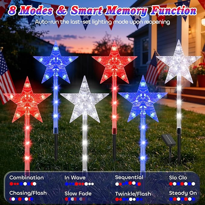 Lewondr 4th of July Decorations Outdoor, 6Pcs Solar Pathway Lights with 90 LEDs, 8 Modes Red White and Blue Star Fouth of July Decor, Waterproof Patriotic Solar Lights for Yard Garden Independence Day