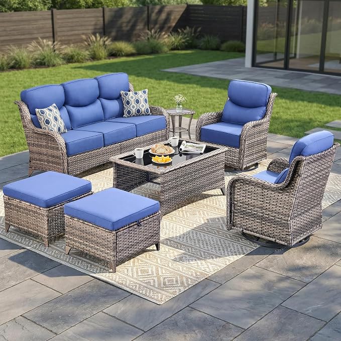 Luxury Swivel Rocker Chair Sofa Set with 6" Thick Cushions,7-Piece Wicker Patio Chair with Coffee Table and Ottoman,Outdoor Comfortable High Back Chair Patio Furniture Set - Gery | Blue