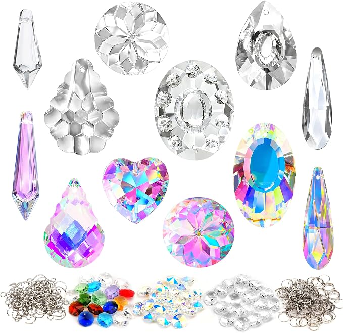 212pcs Crystal Suncatcher Kit, Glass Prisms for Chandelier Parts | K9 Crystal Prism Suncatcher, DIY Kit, Rainbow Maker for Window & Home, 12 Hanging Prisms Set, Shiny Decor Pendants Gift
