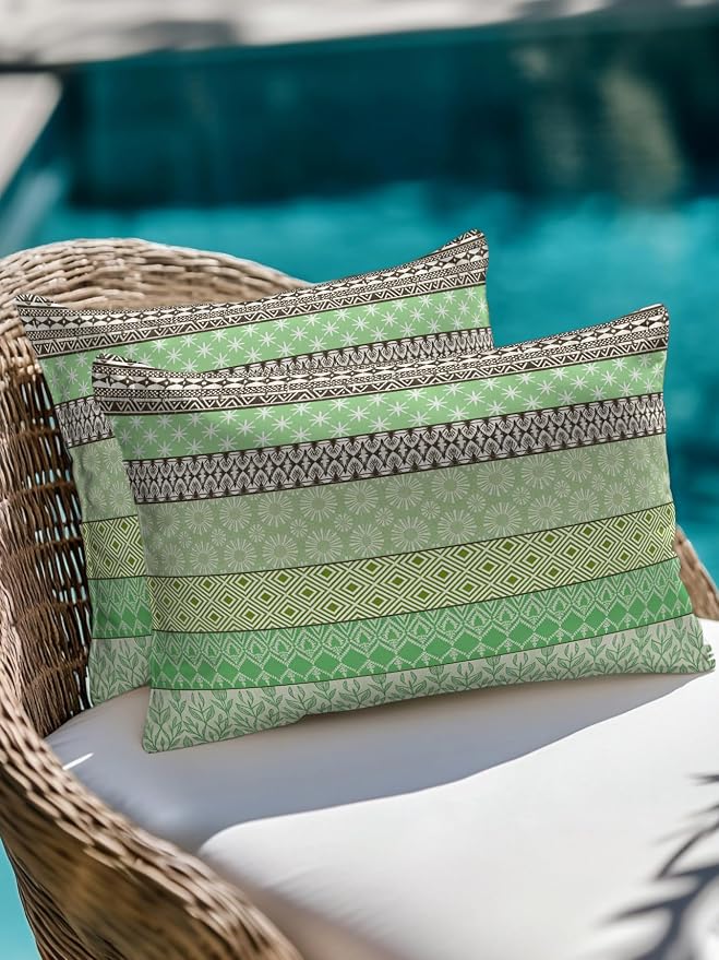 Waterproof Outdoor Pillow Set of 2 Green Bohemian Decorative Throw Pillows Cover & Insert 20x12 Inch Lumbar Pillowcase Boho Style Floral Leaves Geometric Pillows for Couch Sofa Bed Patio Furniture